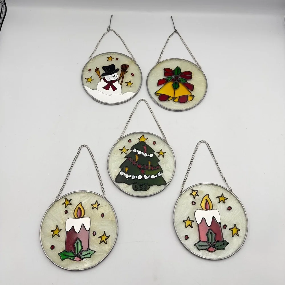 Vtg 5 Christmas Stained Glass Suncatcher Ornaments‎ Snowman Tree Bells Candles